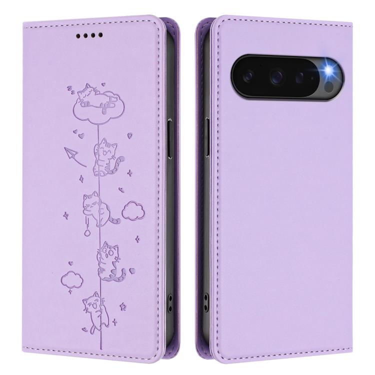 For Google Pixel 10 / 10 Pro / Pixel 9 / 9 Pro Cute Cats Embossed Magnetic RFID Vegan Leather Phone Case