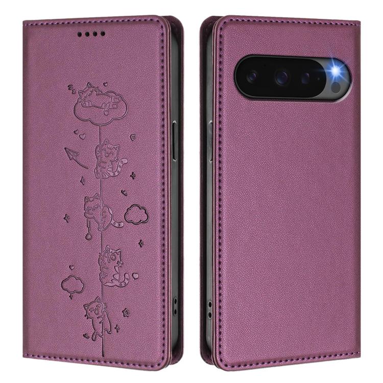 For Google Pixel 10 / 10 Pro / Pixel 9 / 9 Pro Cute Cats Embossed Magnetic RFID Vegan Leather Phone Case