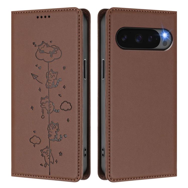 For Google Pixel 10 / 10 Pro / Pixel 9 / 9 Pro Cute Cats Embossed Magnetic RFID Vegan Leather Phone Case