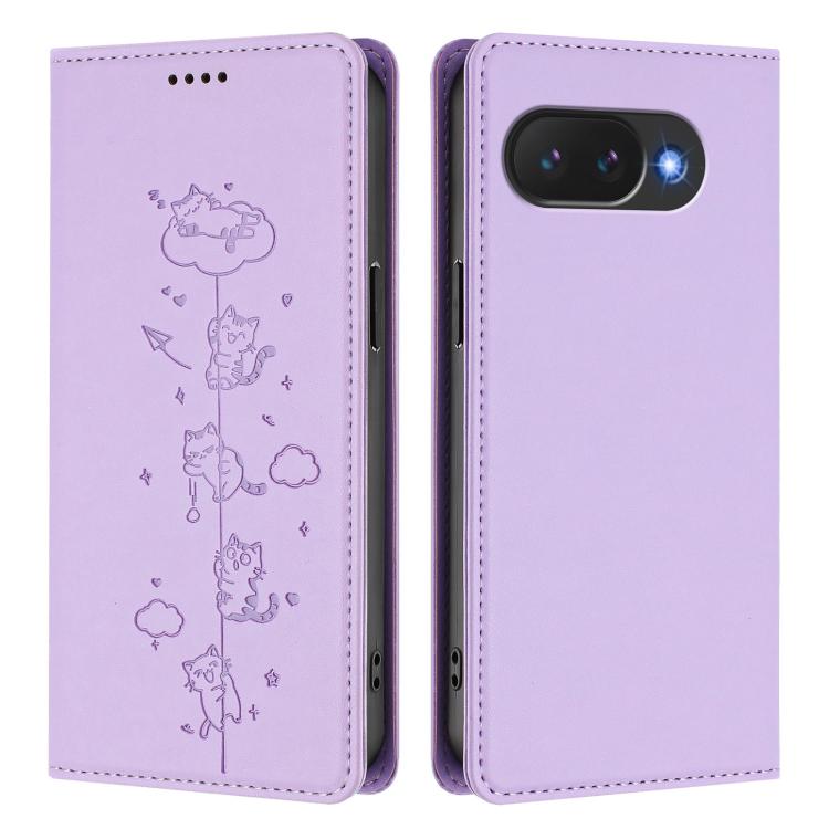 For Google Pixel 10a Cute Cats Embossed Magnetic RFID Vegan Leather Phone Case