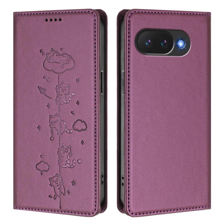 For Google Pixel 10a Cute Cats Embossed Magnetic RFID Vegan Leather Phone Case
