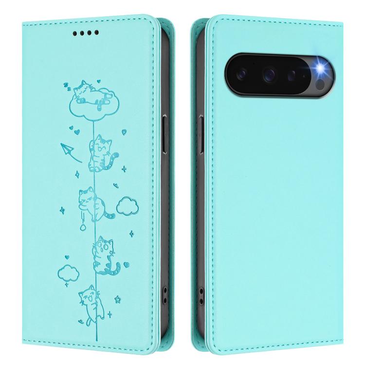 For Google Pixel 10 Pro XL / Pixel 9 Pro XL Cute Cats Embossed Magnetic RFID Vegan Leather Phone Case