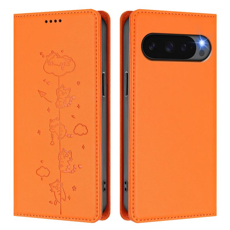 For Google Pixel 10 Pro XL / Pixel 9 Pro XL Cute Cats Embossed Magnetic RFID Vegan Leather Phone Case