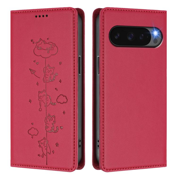 For Google Pixel 10 Pro XL / Pixel 9 Pro XL Cute Cats Embossed Magnetic RFID Vegan Leather Phone Case