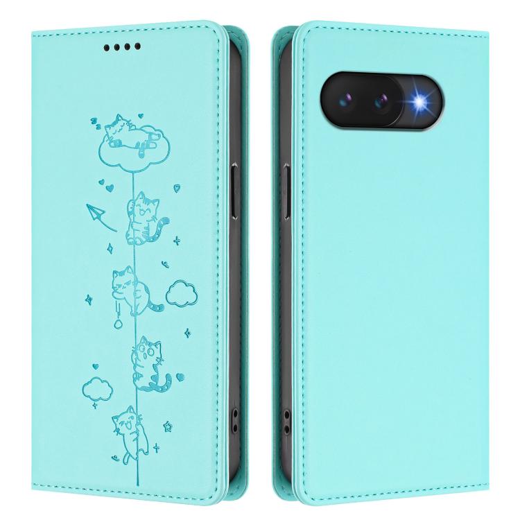 For Google Pixel 9a Cute Cats Embossed Magnetic RFID Vegan Leather Phone Case