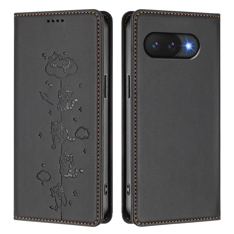 For Google Pixel 9a Cute Cats Embossed Magnetic RFID Vegan Leather Phone Case
