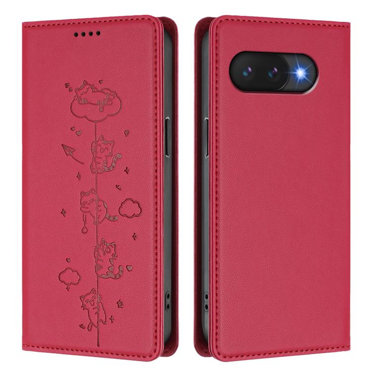 For Google Pixel 9a Cute Cats Embossed Magnetic RFID Vegan Leather Phone Case