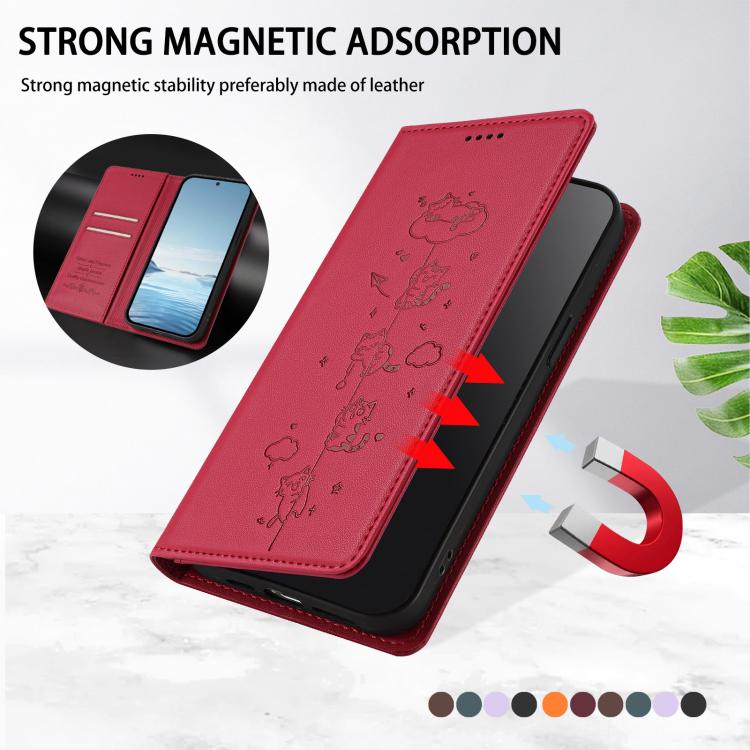For Google Pixel 9a Cute Cats Embossed Magnetic RFID Vegan Leather Phone Case