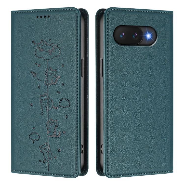 For Google Pixel 9a Cute Cats Embossed Magnetic RFID Vegan Leather Phone Case