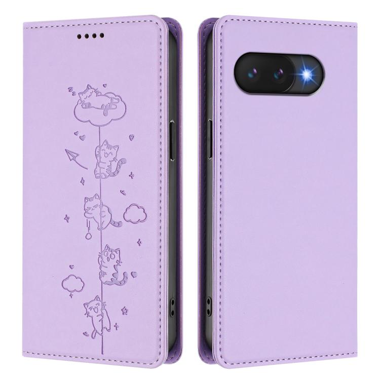 For Google Pixel 9a Cute Cats Embossed Magnetic RFID Vegan Leather Phone Case