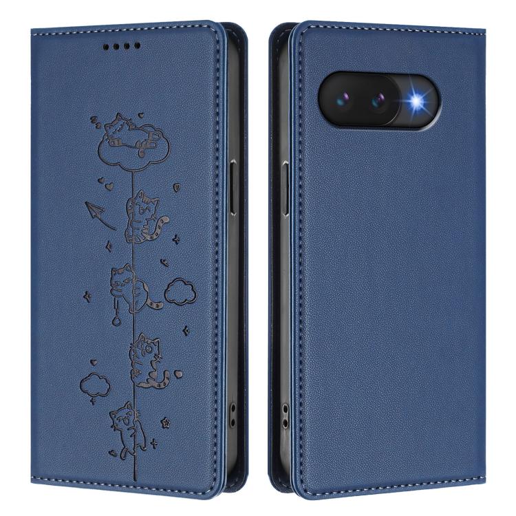 For Google Pixel 9a Cute Cats Embossed Magnetic RFID Vegan Leather Phone Case