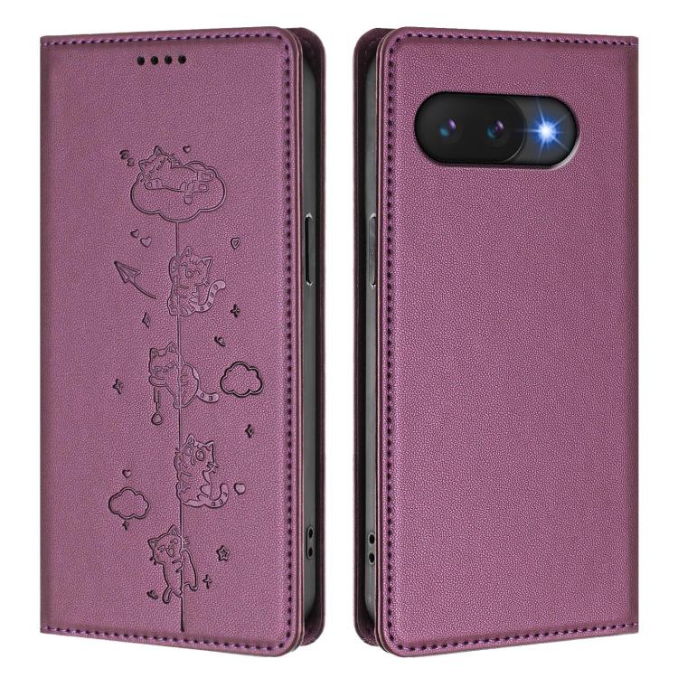 For Google Pixel 9a Cute Cats Embossed Magnetic RFID Vegan Leather Phone Case