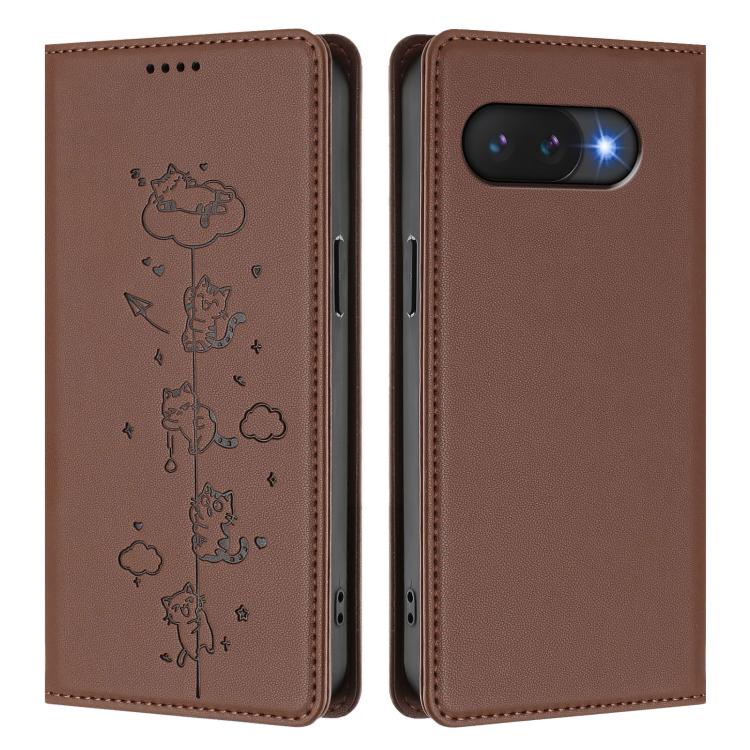 For Google Pixel 9a Cute Cats Embossed Magnetic RFID Vegan Leather Phone Case