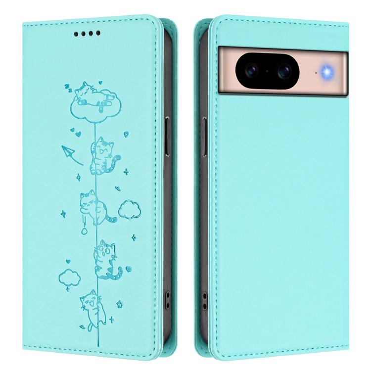 For Google Pixel 8a Cute Cats Embossed Magnetic RFID Vegan Leather Phone Case