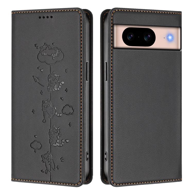 For Google Pixel 8a Cute Cats Embossed Magnetic RFID Vegan Leather Phone Case