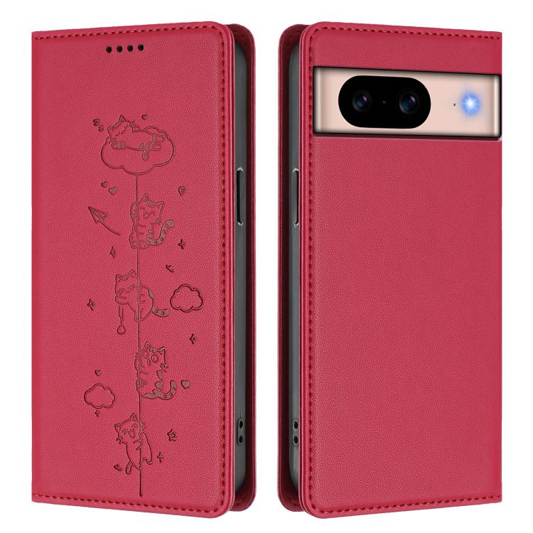 For Google Pixel 8a Cute Cats Embossed Magnetic RFID Vegan Leather Phone Case