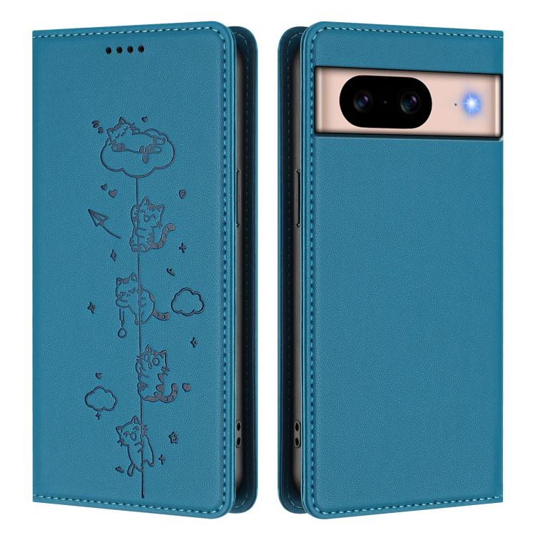 For Google Pixel 8a Cute Cats Embossed Magnetic RFID Vegan Leather Phone Case