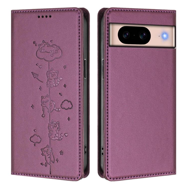 For Google Pixel 8a Cute Cats Embossed Magnetic RFID Vegan Leather Phone Case