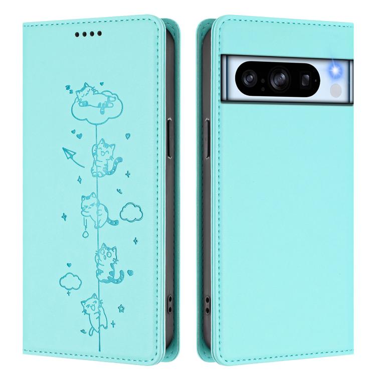 For Google Pixel 8 Pro Cute Cats Embossed Magnetic RFID Vegan Leather Phone Case