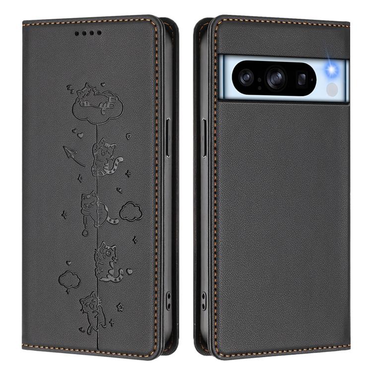 For Google Pixel 8 Pro Cute Cats Embossed Magnetic RFID Vegan Leather Phone Case