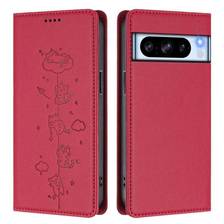 For Google Pixel 8 Pro Cute Cats Embossed Magnetic RFID Vegan Leather Phone Case