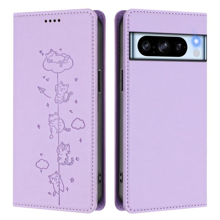 For Google Pixel 8 Pro Cute Cats Embossed Magnetic RFID Vegan Leather Phone Case
