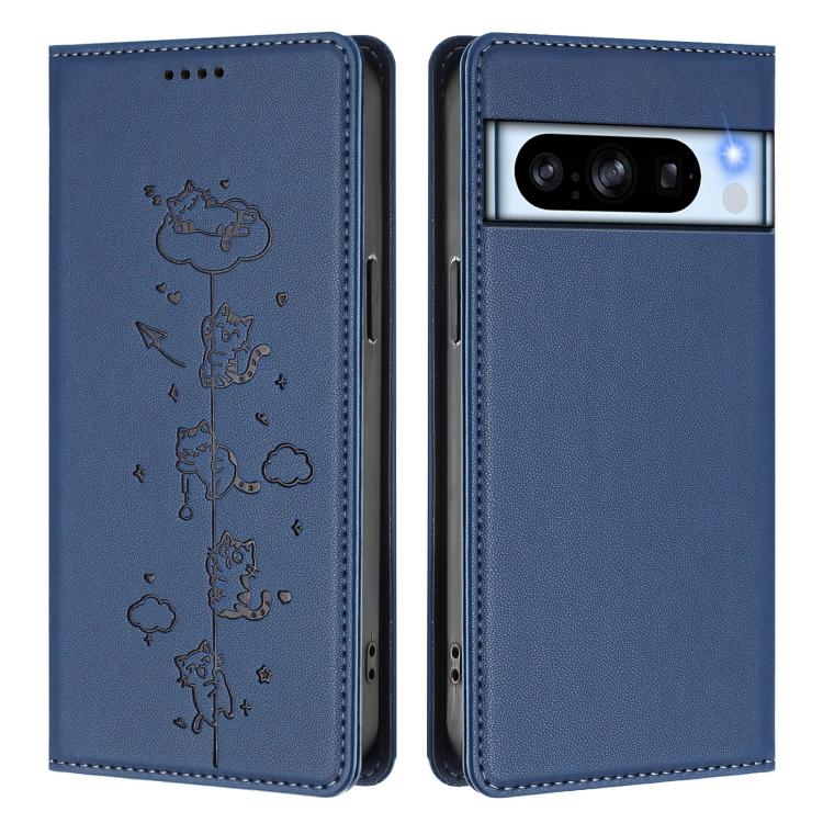For Google Pixel 8 Pro Cute Cats Embossed Magnetic RFID Vegan Leather Phone Case