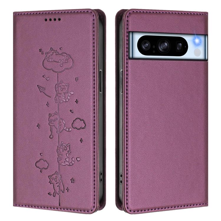 For Google Pixel 8 Pro Cute Cats Embossed Magnetic RFID Vegan Leather Phone Case