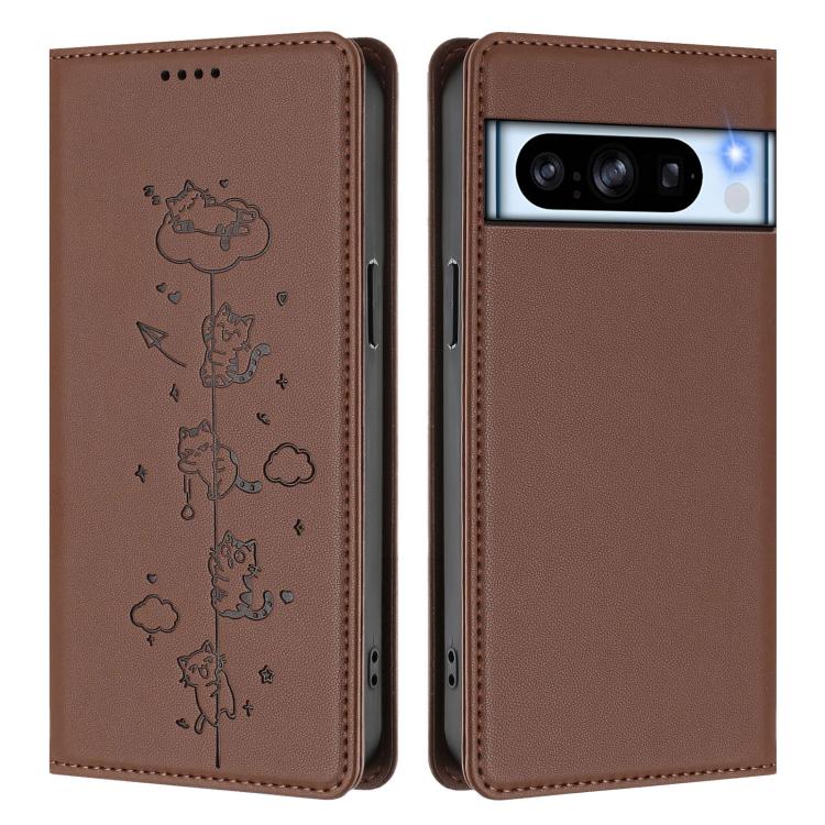 For Google Pixel 8 Pro Cute Cats Embossed Magnetic RFID Vegan Leather Phone Case