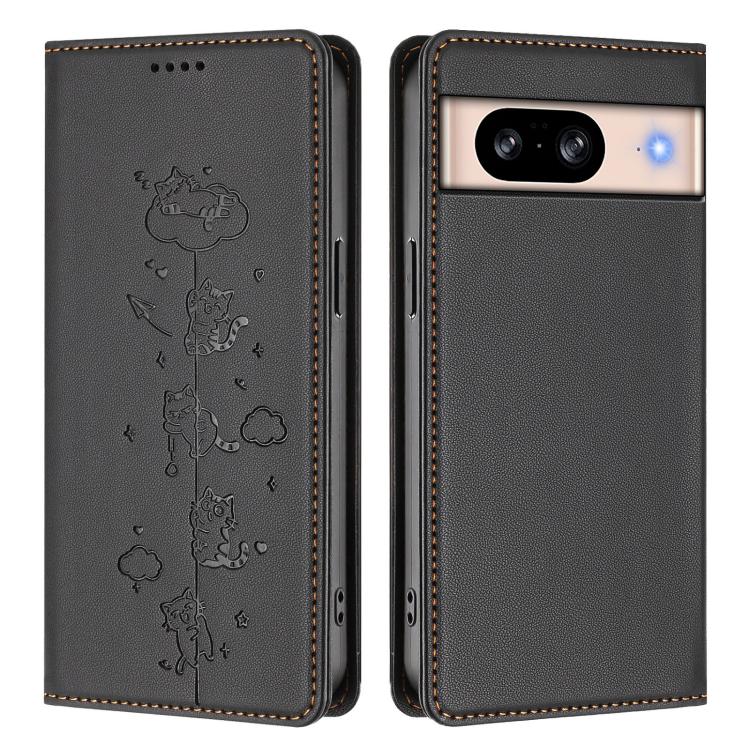 For Google Pixel 8 Cute Cats Embossed Magnetic RFID Vegan Leather Phone Case