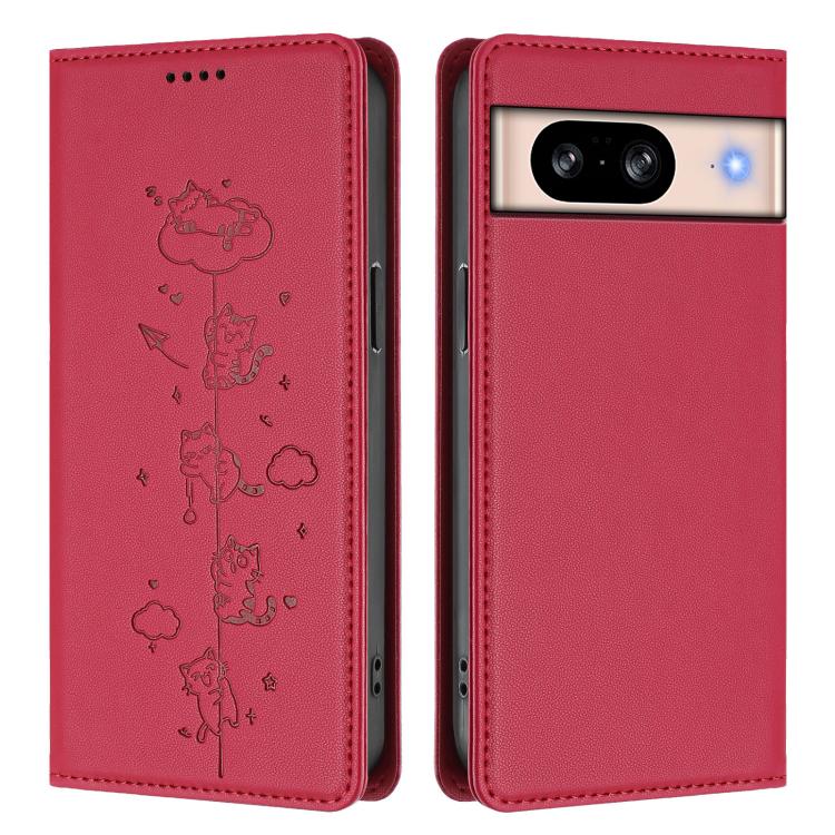 For Google Pixel 8 Cute Cats Embossed Magnetic RFID Vegan Leather Phone Case