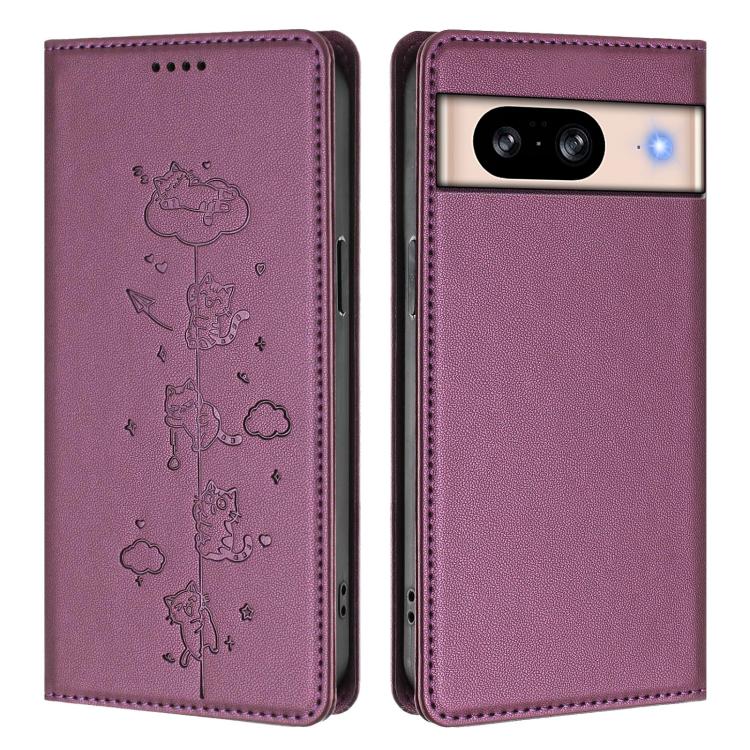 For Google Pixel 8 Cute Cats Embossed Magnetic RFID Vegan Leather Phone Case