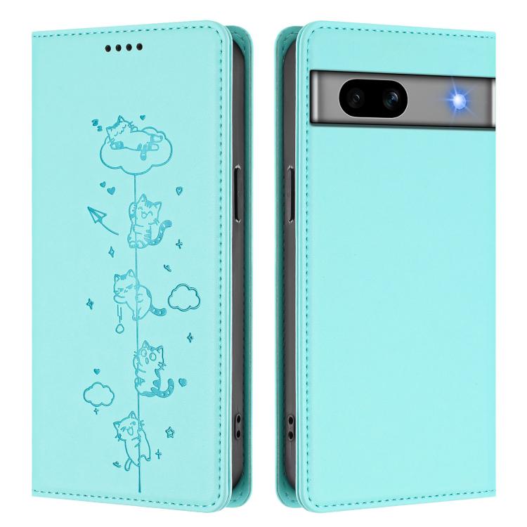 For Google Pixel 7a Cute Cats Embossed Magnetic RFID Vegan Leather Phone Case