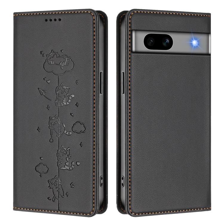 For Google Pixel 7a Cute Cats Embossed Magnetic RFID Vegan Leather Phone Case