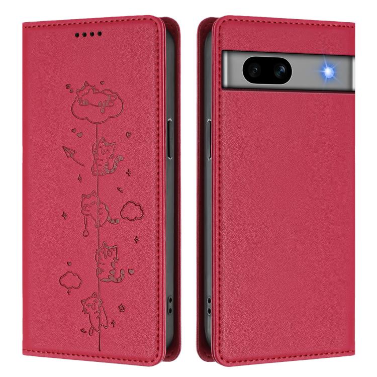 For Google Pixel 7a Cute Cats Embossed Magnetic RFID Vegan Leather Phone Case