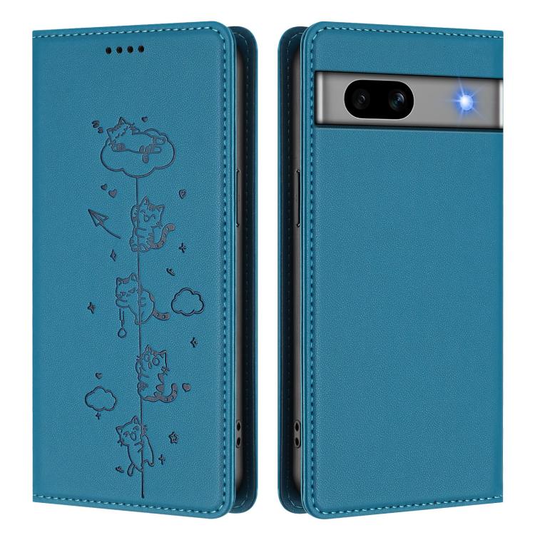 For Google Pixel 7a Cute Cats Embossed Magnetic RFID Vegan Leather Phone Case