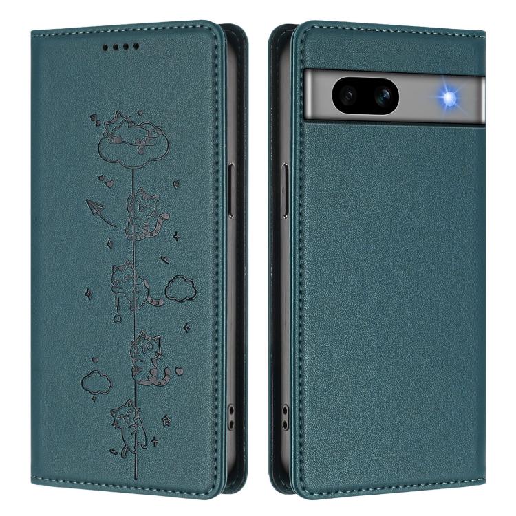 For Google Pixel 7a Cute Cats Embossed Magnetic RFID Vegan Leather Phone Case