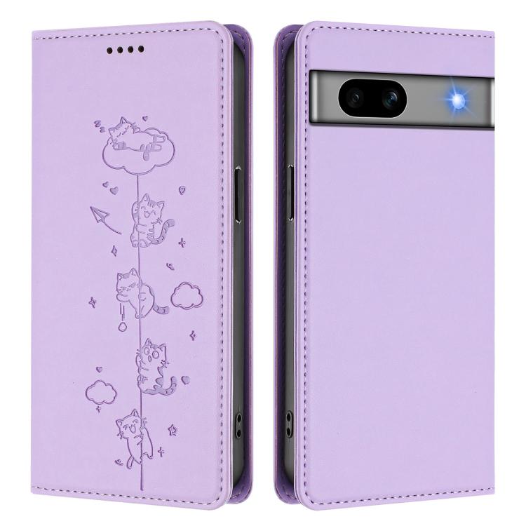 For Google Pixel 7a Cute Cats Embossed Magnetic RFID Vegan Leather Phone Case