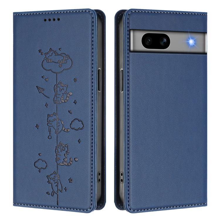For Google Pixel 7a Cute Cats Embossed Magnetic RFID Vegan Leather Phone Case