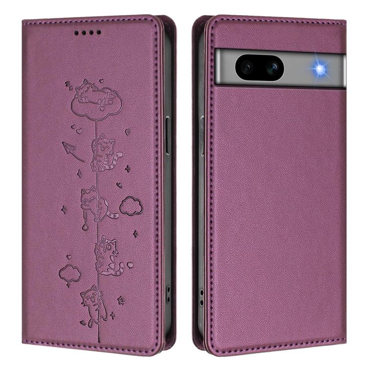 For Google Pixel 7a Cute Cats Embossed Magnetic RFID Vegan Leather Phone Case