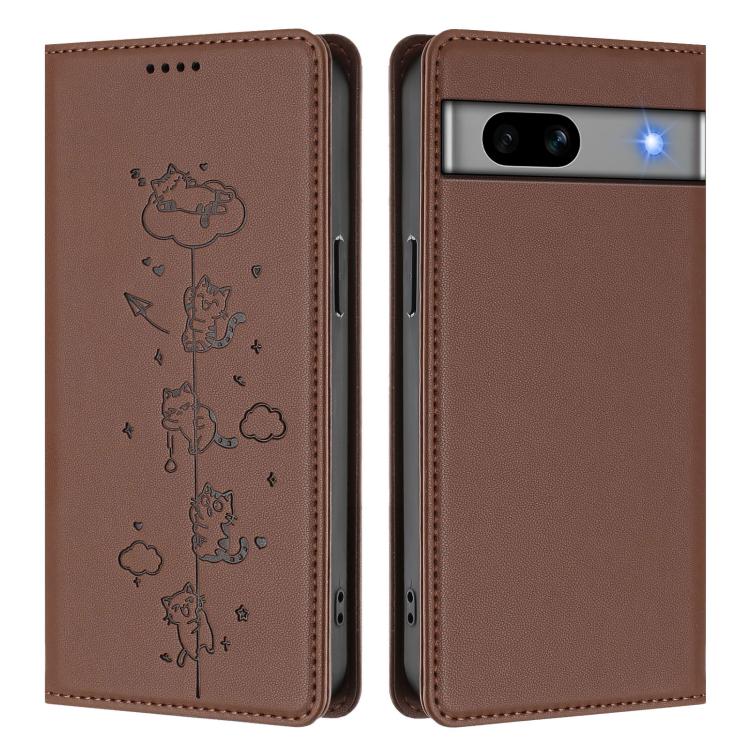 For Google Pixel 7a Cute Cats Embossed Magnetic RFID Vegan Leather Phone Case