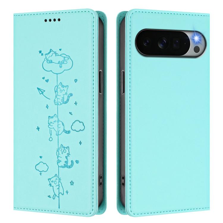 For Google Pixel 11 Pro XL Cute Cats Embossed Magnetic RFID Vegan Leather Phone Case