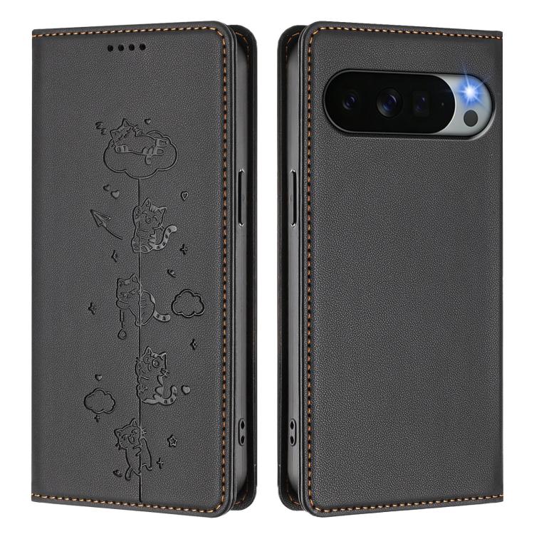 For Google Pixel 11 Pro XL Cute Cats Embossed Magnetic RFID Vegan Leather Phone Case