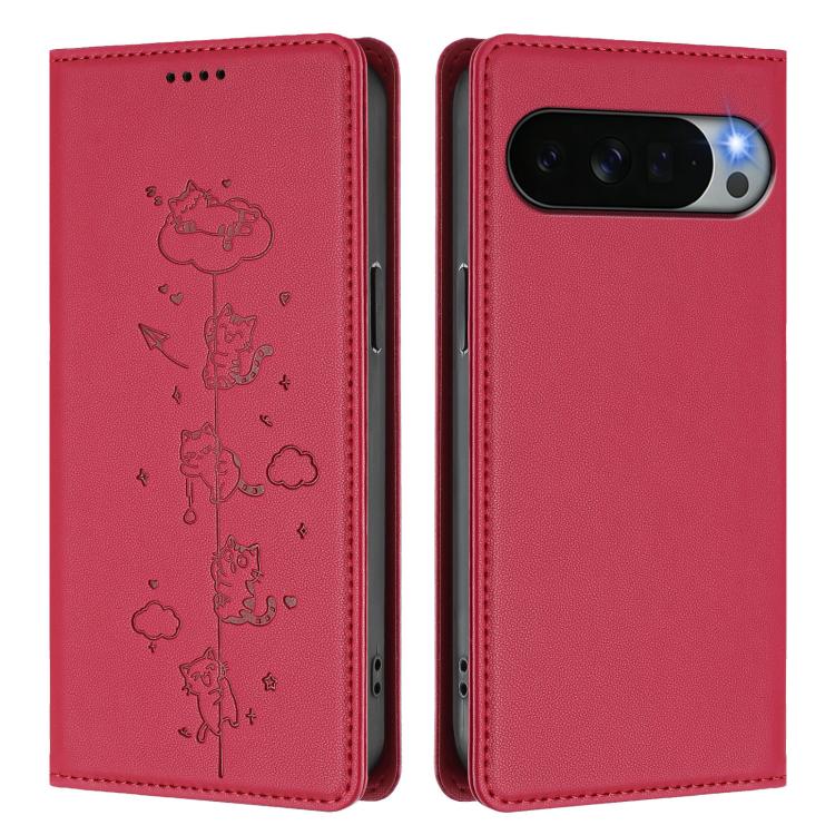 For Google Pixel 11 Pro XL Cute Cats Embossed Magnetic RFID Vegan Leather Phone Case