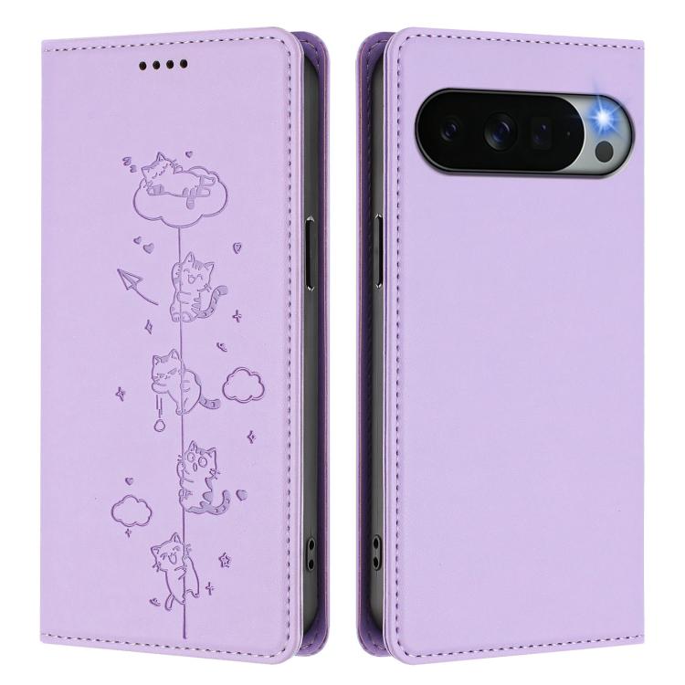 For Google Pixel 11 Pro XL Cute Cats Embossed Magnetic RFID Vegan Leather Phone Case