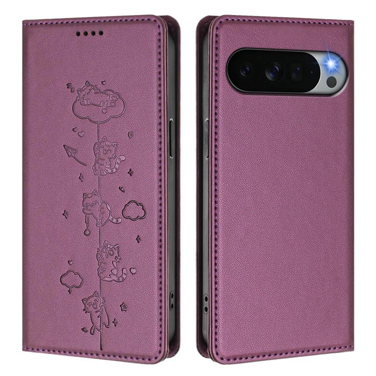 For Google Pixel 11 Pro XL Cute Cats Embossed Magnetic RFID Vegan Leather Phone Case