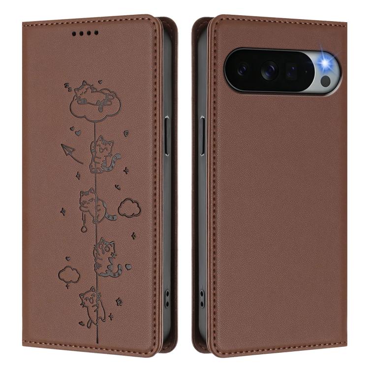 For Google Pixel 11 Pro XL Cute Cats Embossed Magnetic RFID Vegan Leather Phone Case