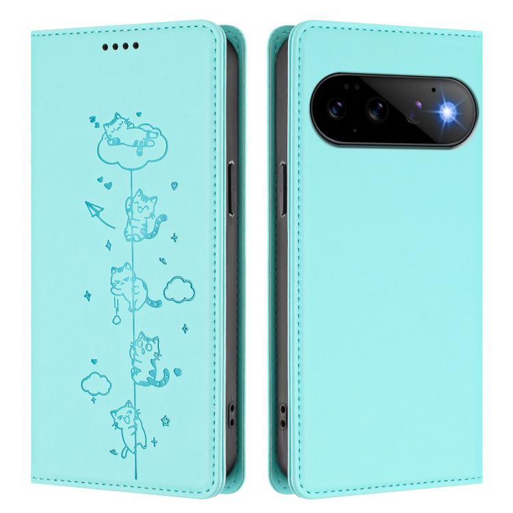 For Google Pixel 11 Pro / Pixel 11 Cute Cats Embossed Magnetic RFID Vegan Leather Phone Case