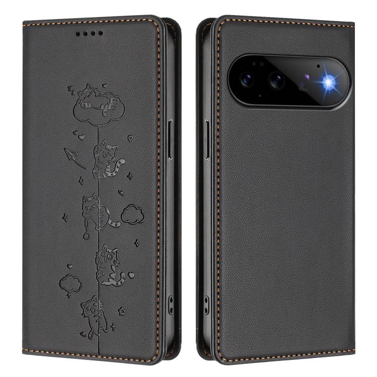 For Google Pixel 11 Pro / Pixel 11 Cute Cats Embossed Magnetic RFID Vegan Leather Phone Case