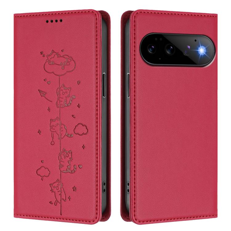 For Google Pixel 11 Pro / Pixel 11 Cute Cats Embossed Magnetic RFID Vegan Leather Phone Case